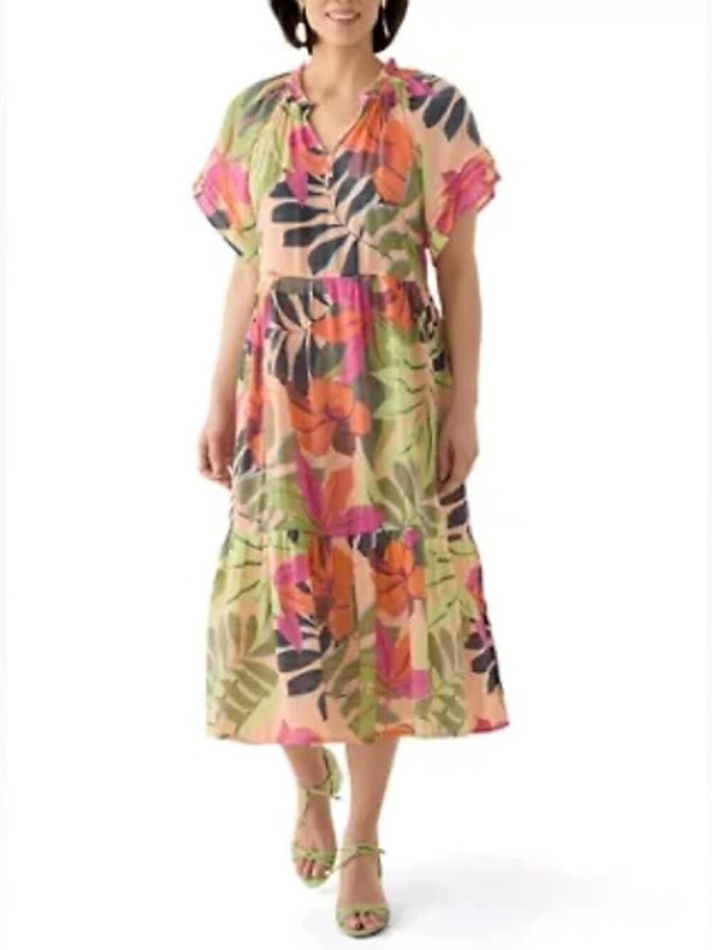 Sharagano Medium Floral Midi Dress Lined Linen Look Cottage Garden Party